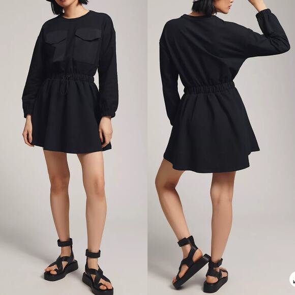 Anthropologie Daily Practice Wear Now Mini Dress Large Black Utility Grunge Goth - Picture 1 of 9